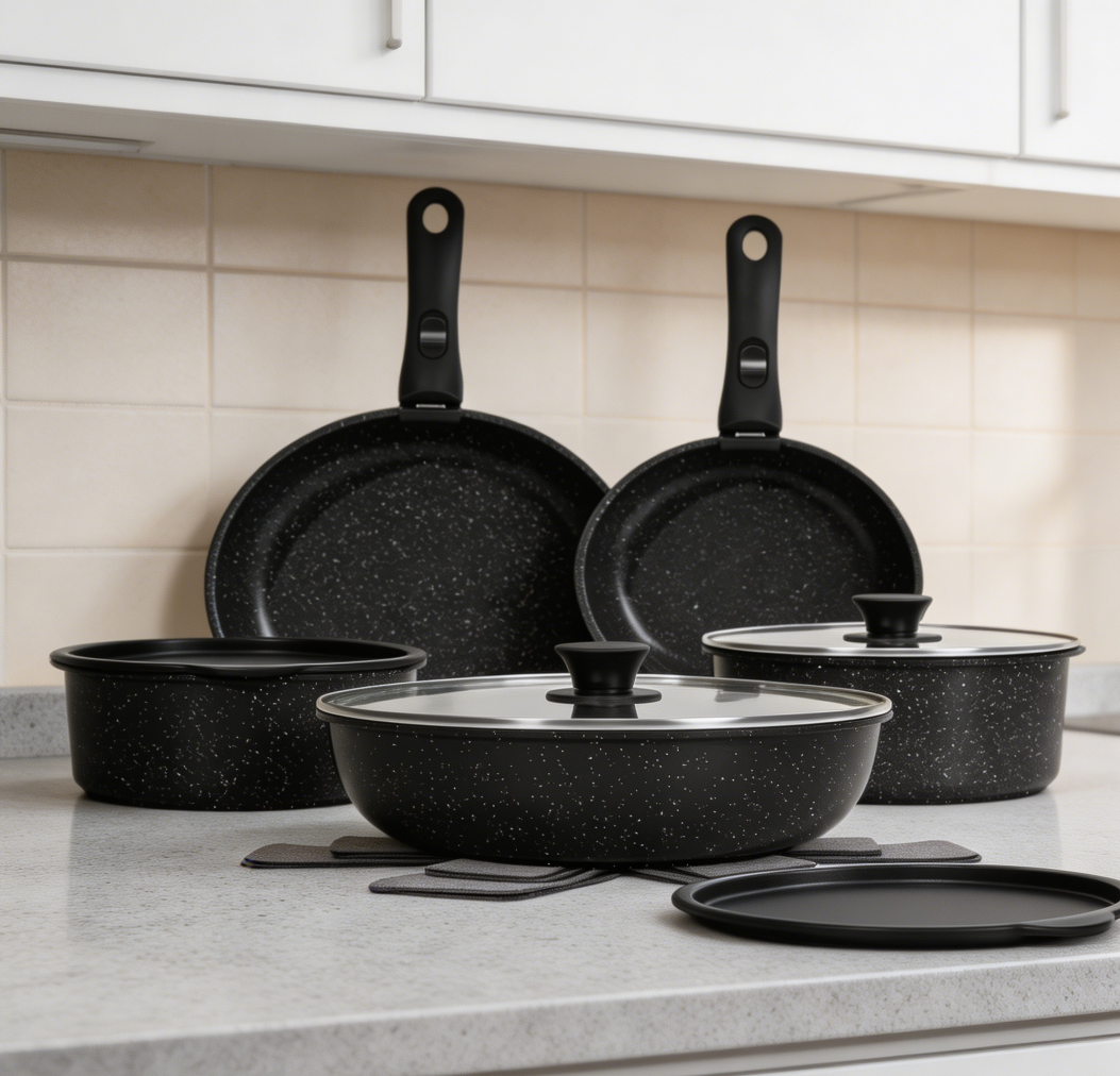 15-Piece Black Nonstick Cookware Set Detachable Handle